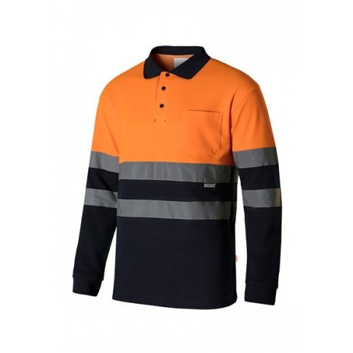 305515.POLO ALGODÓN BICOLOR ML AV AZUL NAVY/NARANJA FLÚOR XL