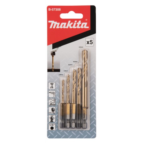 B-57308 Estuche de brocas para metal, HSS-TIN 1/4" Hex, 5 piezas