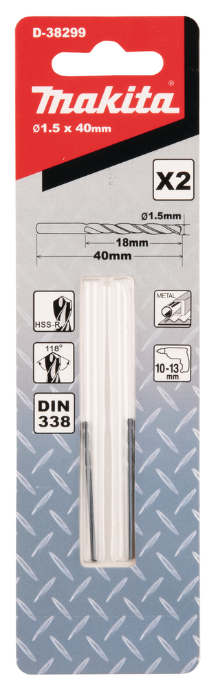 D-38299 Broca para metal, HSS-R, 1,5 x 18 / 40 mm, 2 piezas