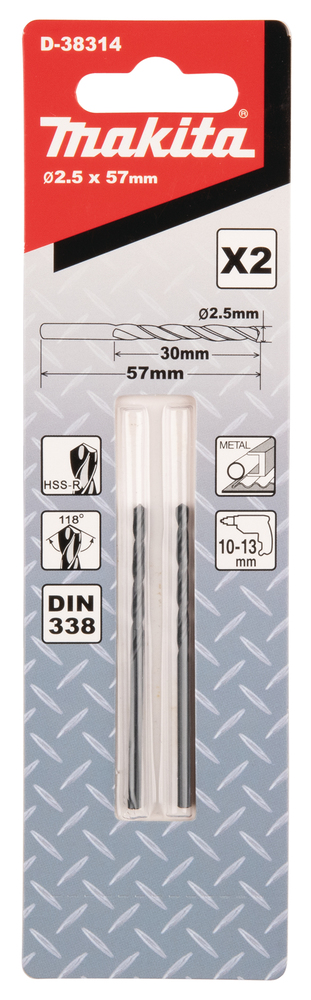 D-38314 Broca para metal, HSS-R, 2,5 x 30 / 57mm, 2 piezas