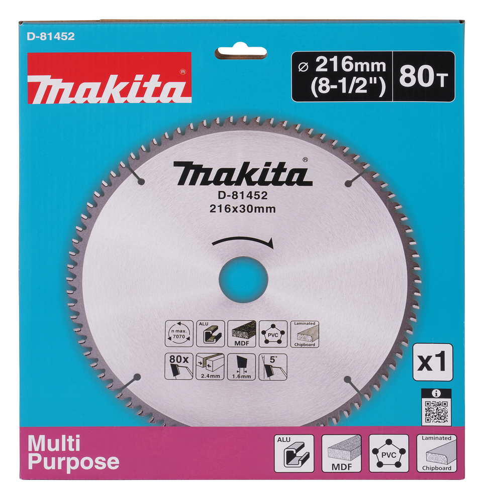 D-81452 Disco de sierra circular T.C.T., 216 x 1,6 x 30 mm, 80 dientes
