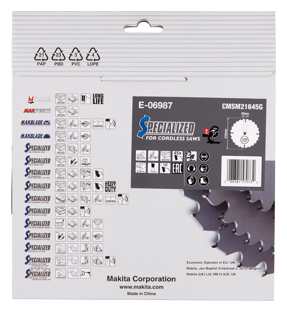 E-06987 Disco de sierra circular, Efficut T.C.T, 216 x 30 mm, 45 D