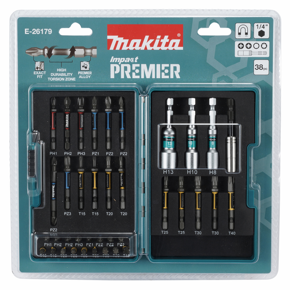 E-26179 Punta de tornillo de torsión forma C y E Impact PREMIER con surtido de portapuntas 38 piezas