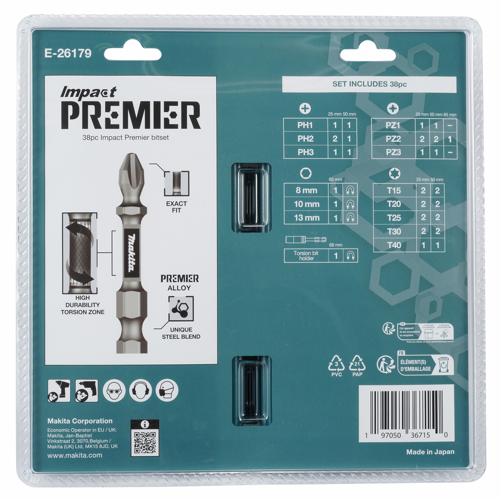 E-26179 Punta de tornillo de torsión forma C y E Impact PREMIER con surtido de portapuntas 38 piezas