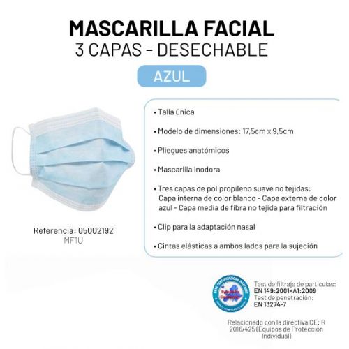 PAQ 50U MASCARILLA PROTECCION 3 CAPAS UN USO