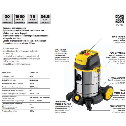 ASPIRADOR 30L 1600w SOL/LIQ SXVC30XTDE STANLEY