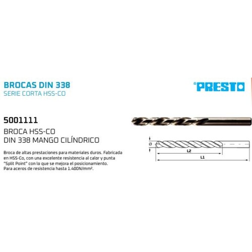BROCA HSSCO 2,00mm DIN 338 PRESTO
