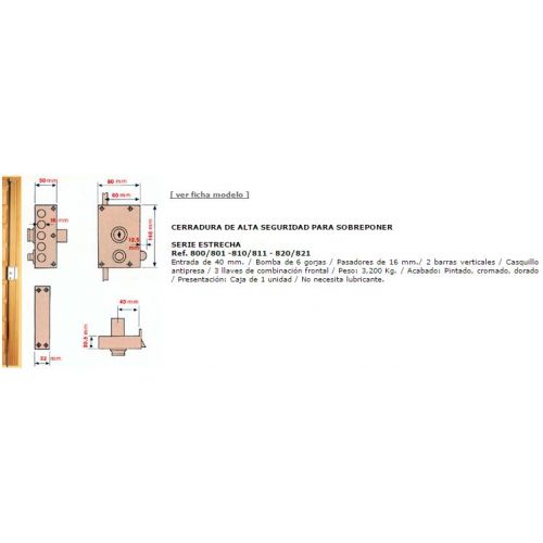 CERRADURA SEGURIDAD 3P 800-D ESMALTADA ORO