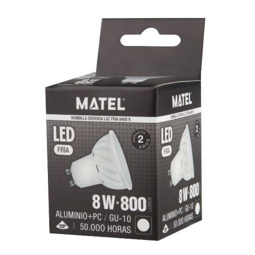 BOMBILLA LED DICROICA ALUM FUND 120º GU10 8w FRIA