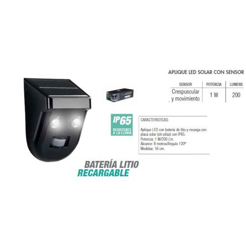 APLIQUE LED SOLAR SENSOR IP65 16cm 200Lm