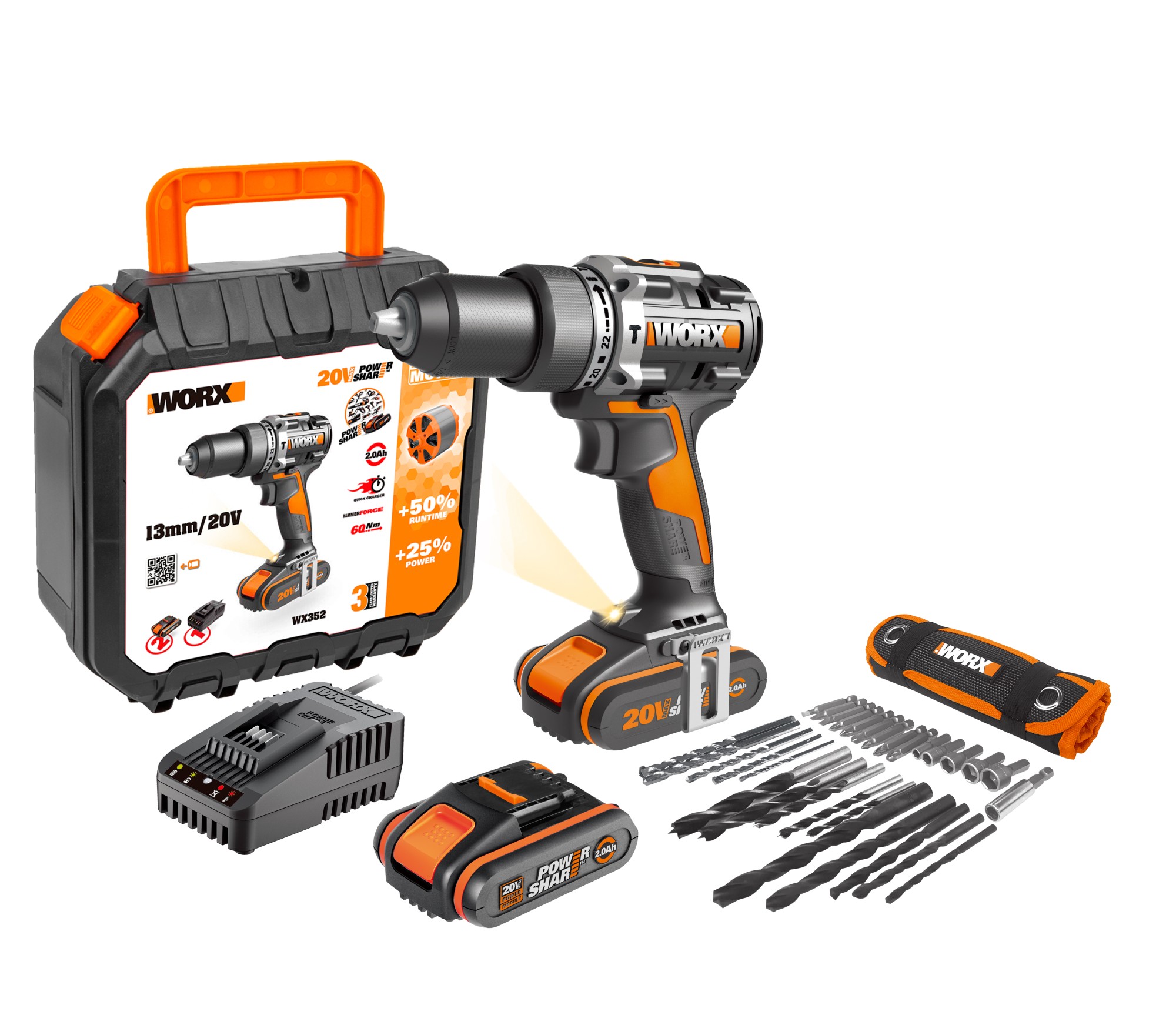 Worx DIY Worx WX352 - Taladro Percutor Brushless 20V 2.0Ah 2 Bat