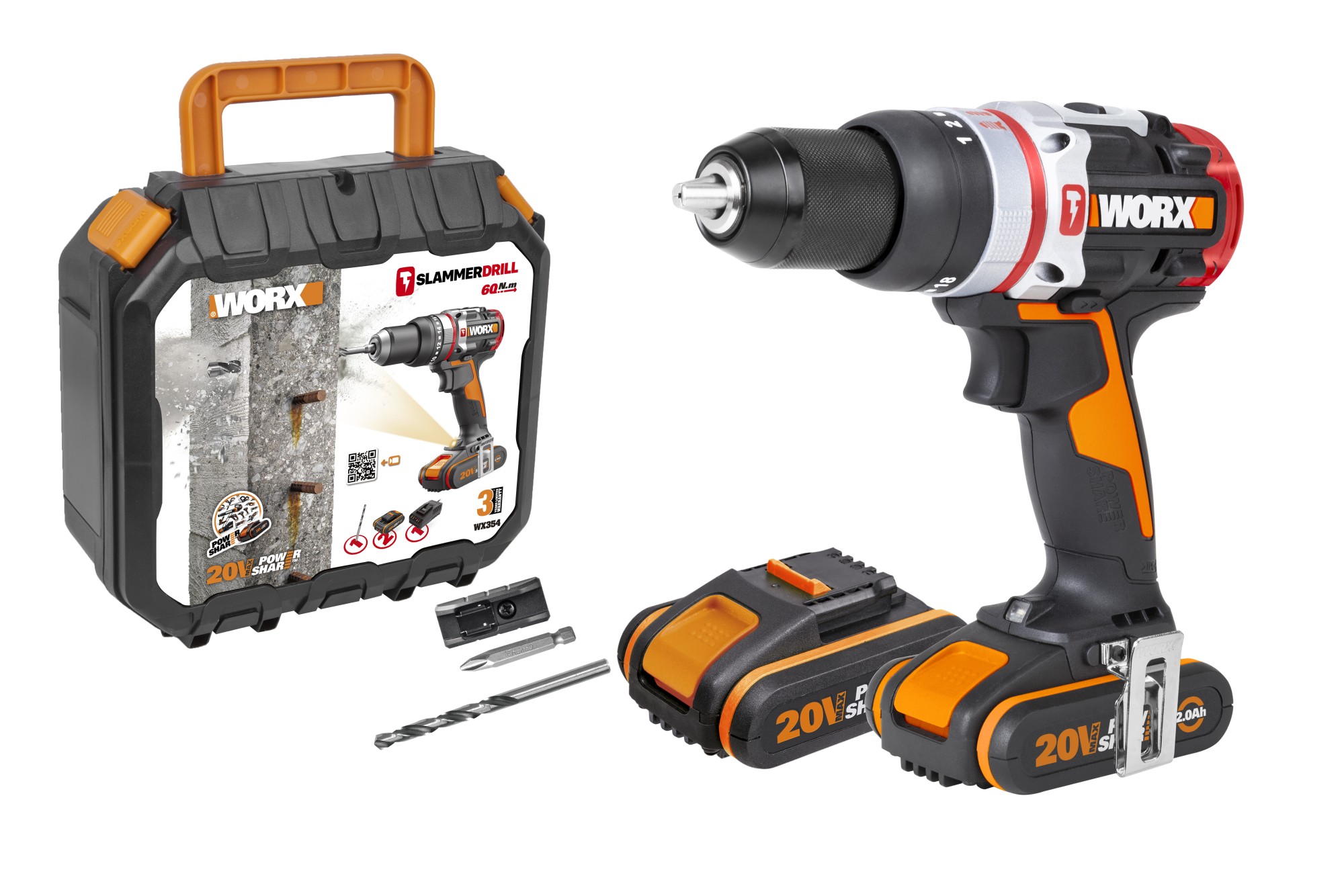 Worx WX354 - Taladro percutor Brushless Slammer Drill 20V 2.0Ah (2 bat)