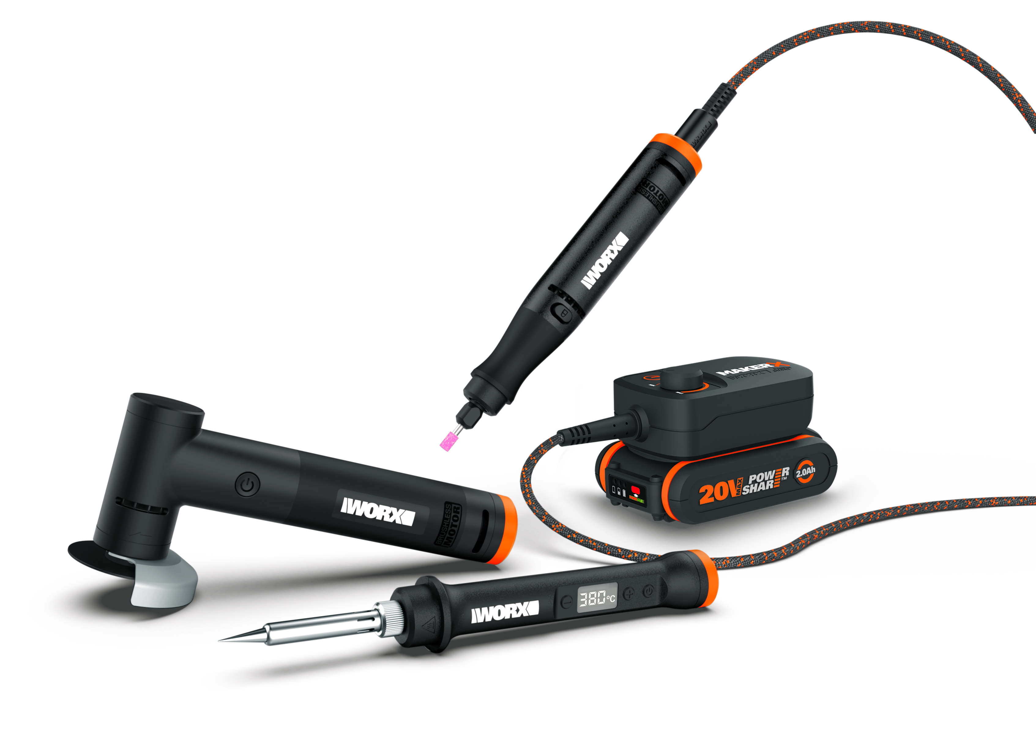 Worx WX991 - Pack MakerX 20V mini soldador + herramienta rotativa + mini amoladora