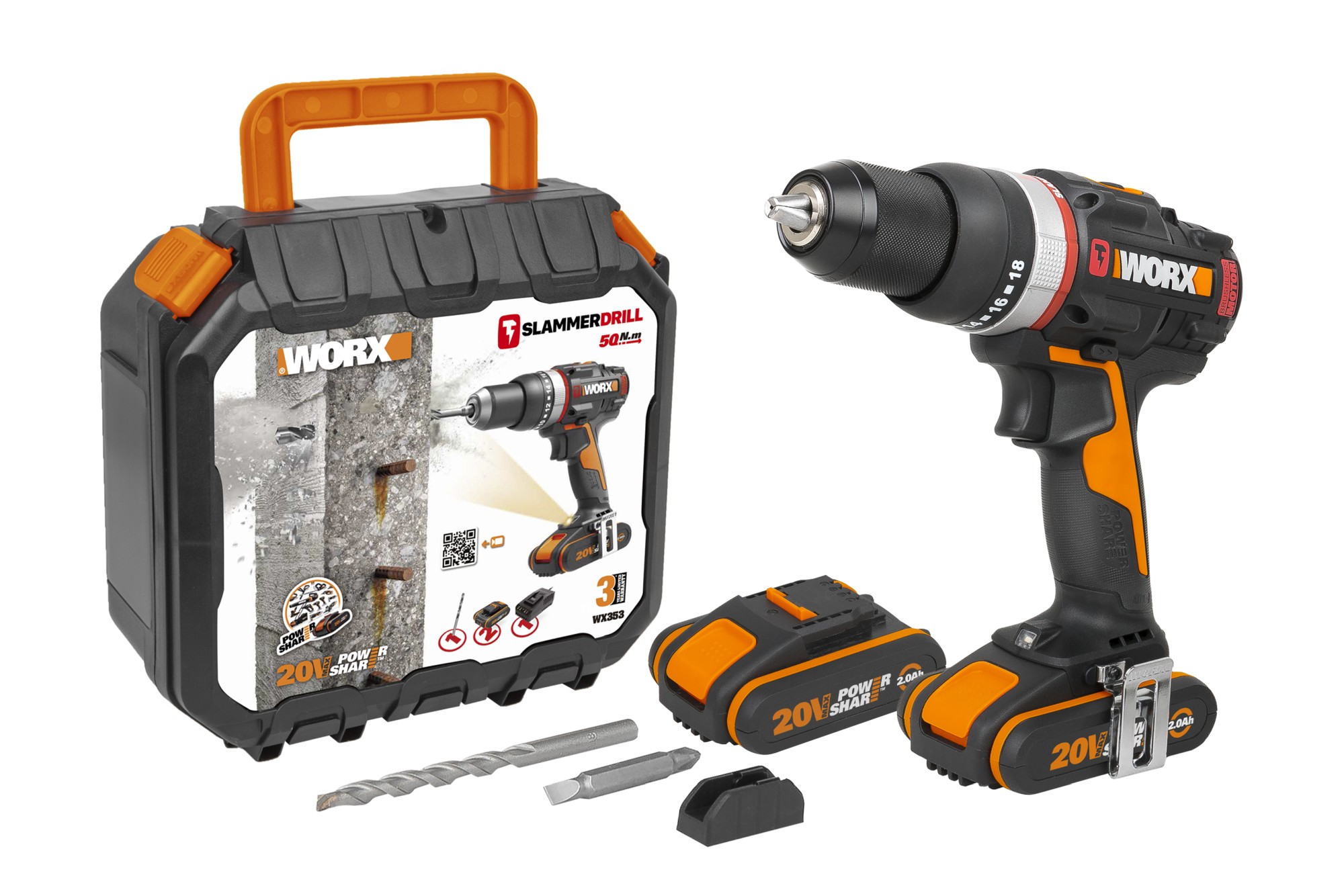 Worx WX-JCR - Taladro percutor Brushless Slammer Drill 20V 2.0Ah (2 bat)