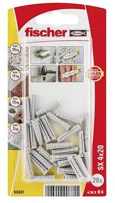 Taco de expansión Fischer SX 4 x 20 KP con reborde, paquete pequeño