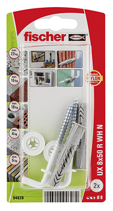 Taco universal fischer UX 8 x 50 WH N K con reborde y alcayata plastificada