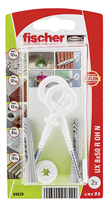 Taco universal fischer UX 8 x 50 OH N K con reborde y hembrilla cerrada plastificada