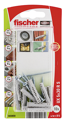 Taco universal fischer UX 5 x 30 RS K con reborde y tornillo