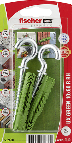 Taco universal fischer UX GREEN 10 x 60 RH con reborde y hembrilla abierta SB-card