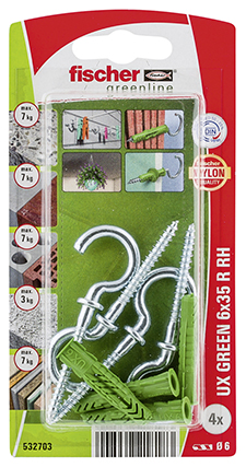 Taco universal fischer UX GREEN 6 x 35 RH con reborde y hembrilla abierta