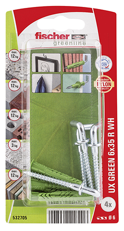 Taco universal fischer UX GREEN 6 x 35 R WH con reborde y alcayata SB-card