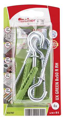 Taco universal fischer UX GREEN 8 x 50 R RH con reborde y hembrilla abierta SB-card