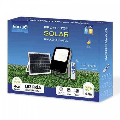 FOCO SOLAR CON SENSOR CREPUSCULAR GARZA LED CON MANDO 30 W, 650 LÚMENES, 6.500 K