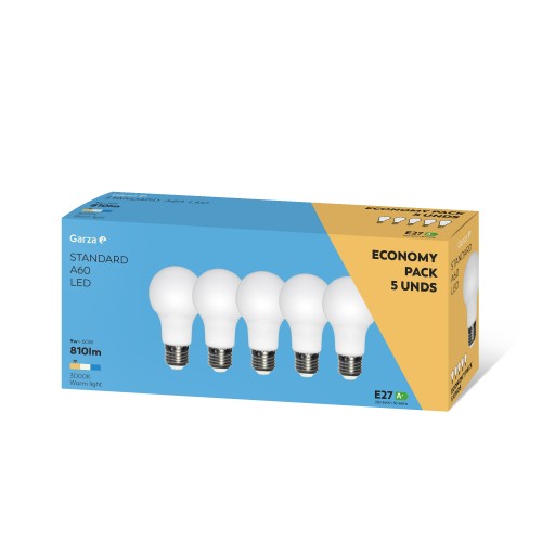 BOMBILLA GARZA LED ESTÁNDAR E27, 8,5 W 810 LÚMENES, 3.000 K, PACK DE 5