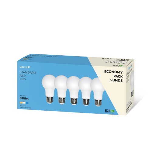 BOMBILLA GARZA LED ESTÁNDAR E27, 8,5 W 810 LÚMENES, 4.000 K, PACK DE 5
