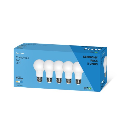 BOMBILLA GARZA LED ESTÁNDAR E27, 8,5 W 810 LÚMENES, 6.500 K, PACK DE 5