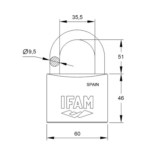 CANDADO K60AL - ALTURA DEL CUERPO: 46 mm - ALTURA DEL ARCO: 51 mm - Ø DEL ARCO: 9,5 mm - LUZ DEL ARCO: 35,5 mm