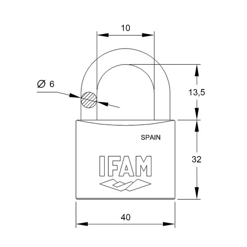 CANDADO K40AP - ALTURA DEL CUERPO: 32 mm - ALTURA DEL ARCO: 13,2 mm - Ø DEL ARCO: 6 mm - LUZ DEL ARCO: 10 mm
