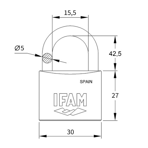CANDADO INOX40AL - ALTURA DEL CUERPO: 32 mm - ALTURA DEL ARCO: 42,5 mm - Ø DEL ARCO: 6 mm - LUZ DEL ARCO: 23 mm