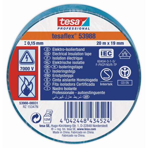 CINTA AISLANTE HOMOLOGADA 20 m x 19 mm AZUL