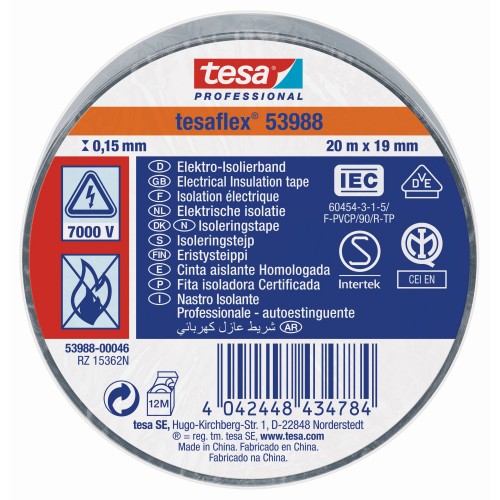 CINTA AISLANTE HOMOLOGADA 20 m x 19 mm GRIS