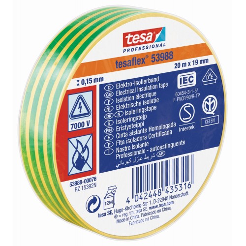 CINTA AISLANTE HOMOLOGADA 20 m x 19 mm VERDE/AMARILLO