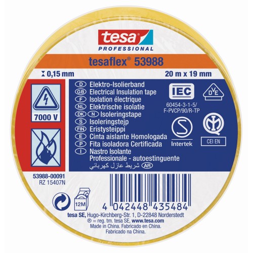 CINTA AISLANTE HOMOLOGADA 20 m x 19 mm AMARILLO