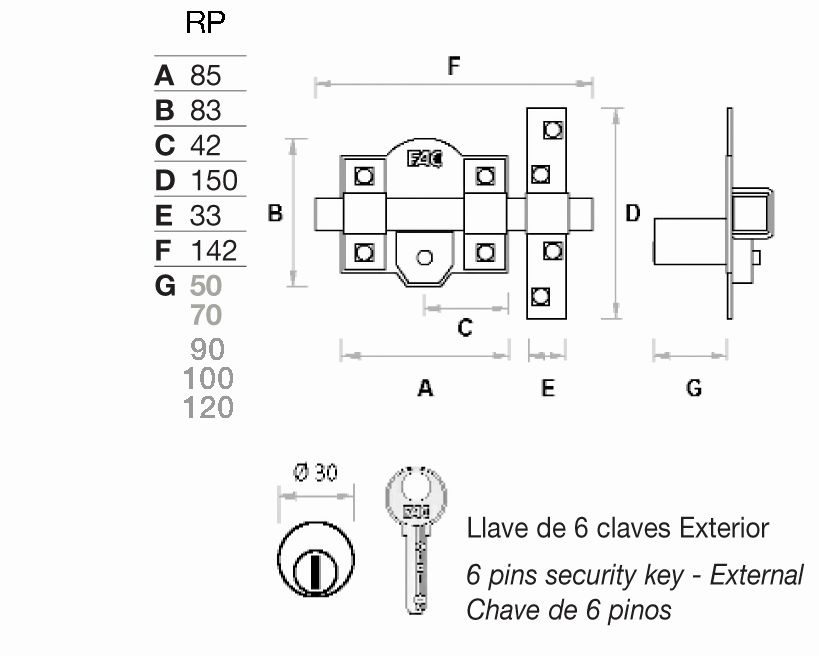 CERROJO FAC 301-L-120-50 NIQUEL