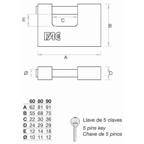 Candado FAC rectangular blindado por medio de carcasa de acero endurecido y cromado.