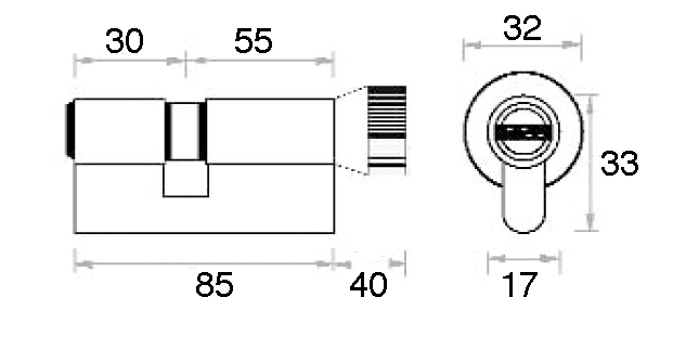 CILINDRO 85 mm. P NIQUEL SAT. 30x55 15 C/POMO CAJA
