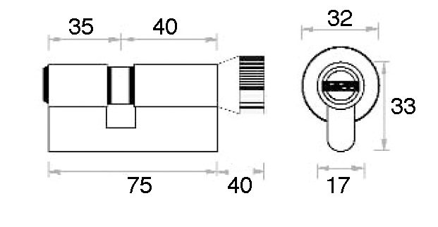 CILINDRO 75 mm. P NIQUEL SAT. 35x40 15 C/POMO CAJA