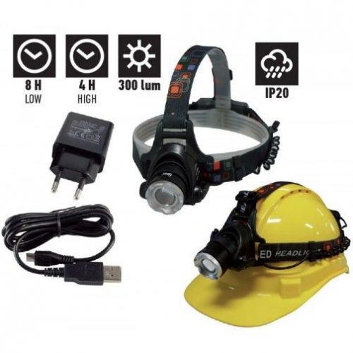 Linterna frontal profesional recargable USB 5W, especial banda ajustable a casco IP20