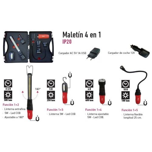 Maletín 4 en 1 linternas Led, recargable USB y 12 V.