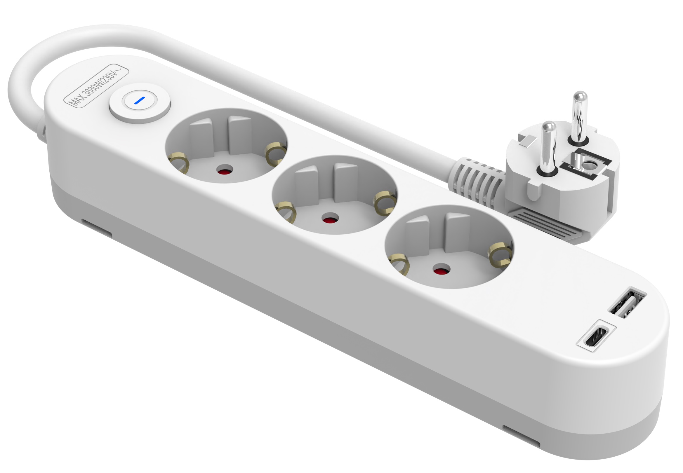 Base múltiple c/ interrup. H05VV-F 3G1.5, 1.4m. 3 bases + cargador USB A+C