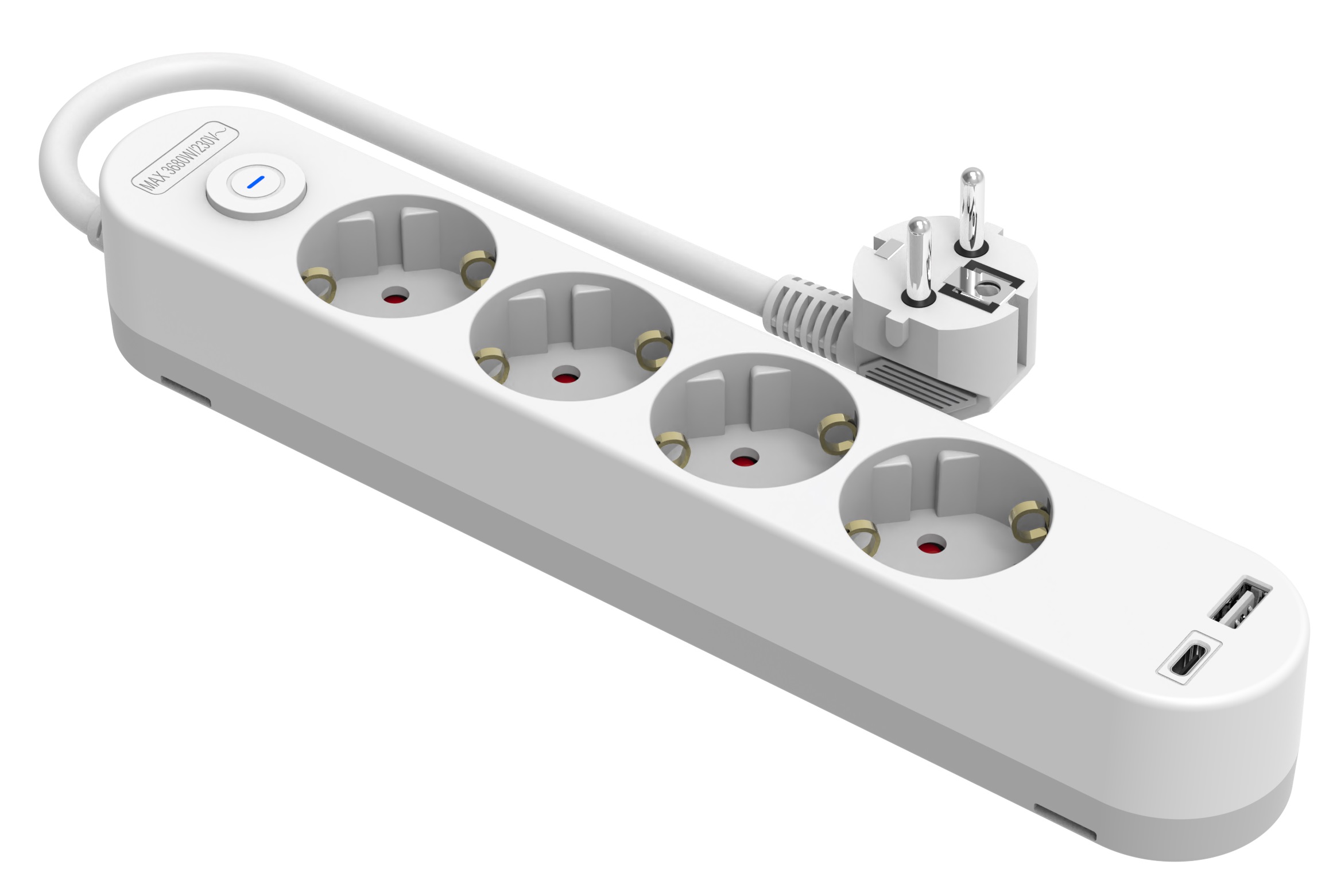 Base múltiple c/ interrup. H05VV-F 3G1.5, 1.4m. 4 bases + cargador USB A+C