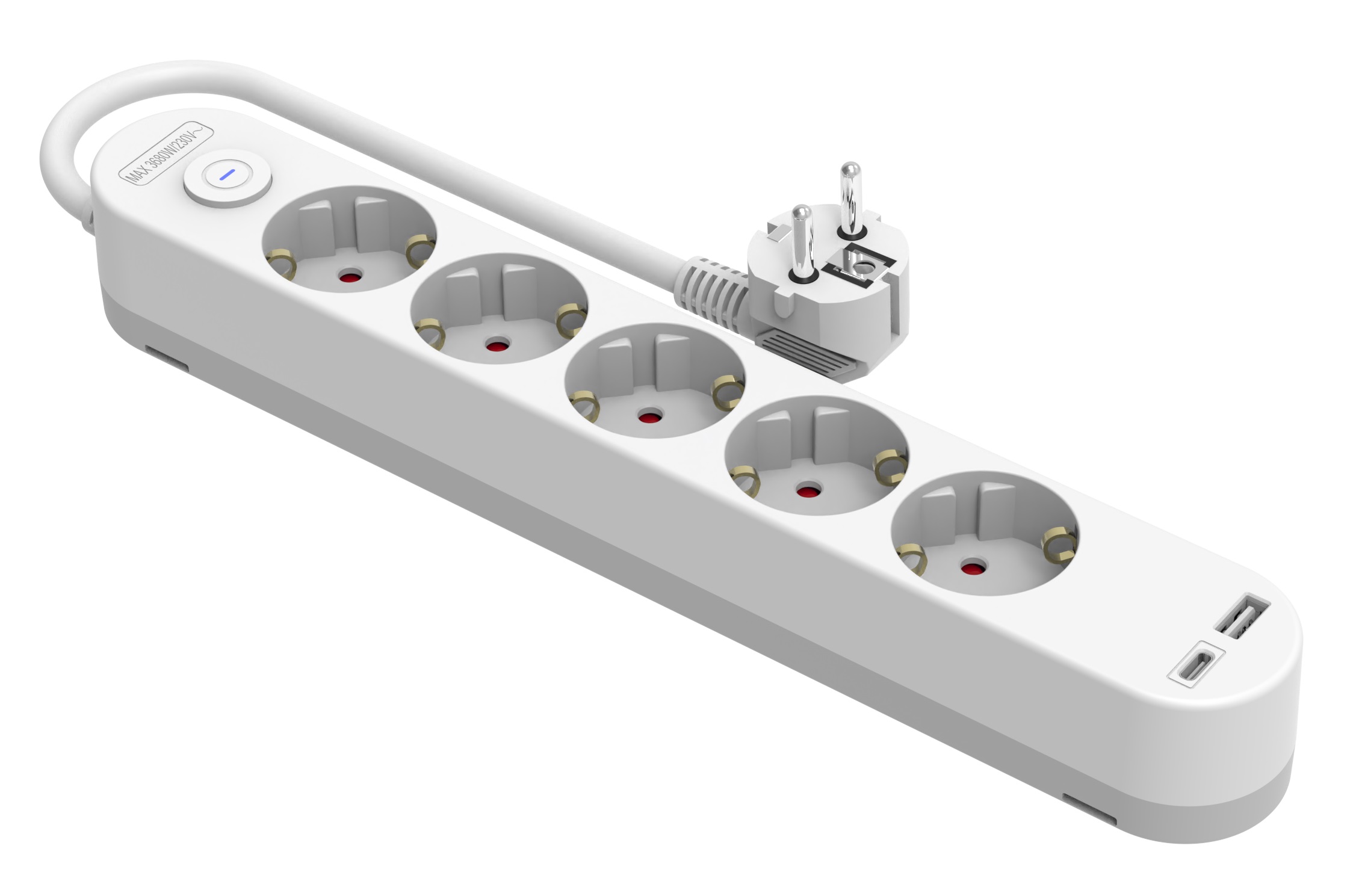 Base múltiple c/ interrup. H05VV-F 3G1.5, 1.4m. 5 bases + cargador USB A+C