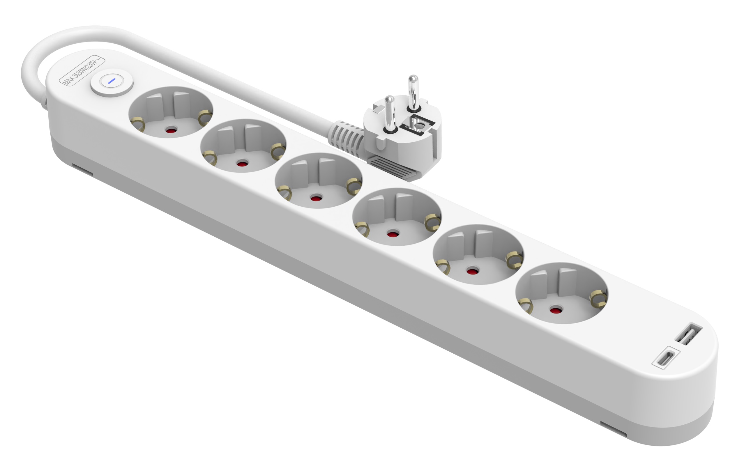 Base múltiple c/ interrup. H05VV-F 3G1.5, 1.4m. 6 bases + cargador USB A+C