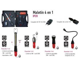Maletín 4 en 1 linternas Led, recargable USB y 12 V.